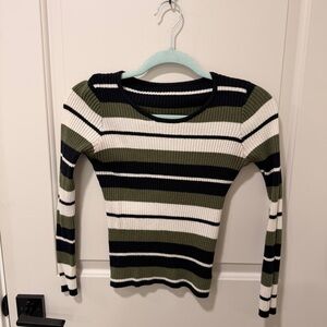Striped Ribbed Long-Sleeve Tee in Olive, Black & White